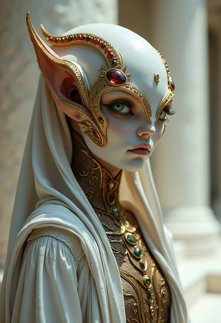 Professional photo, turned slightly away, the style of dark white and light bronze, gold filigree, fierce alien priest on an alien planet, adorned with garnet and bloodstone gemstones, standing in ancient white marble temple, by Brian Froud and Heather Theurer, extremely detailed head and face, very realistic and symmetrical eyes, emerald green eyes, (eye contact with viewer), hyper detailed, hyper quality, artstation award winner, Epic realism, meticulous masterpiece,