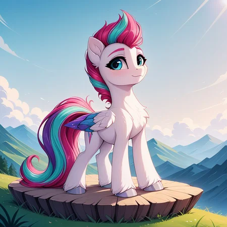 resolution, masterpiece, high resolution, (SOLO: 1.2), wild, detailed background,
Misty Brightdawn, blue body unicorn,( eyes green:1.1) ,,solo plain background, , solo,, mountains, landscape, sky, double oar, one hoof on a stone <lora:zipp_storm:1> Zipp Storm pony, pegasus, white body, eyes, silver hooves, long wings with blue and purple feathers, purple mane with pink and turquoise strands combed back covered with gel, Her tail is the same color and medium length, blue eyes, pink eyebrows