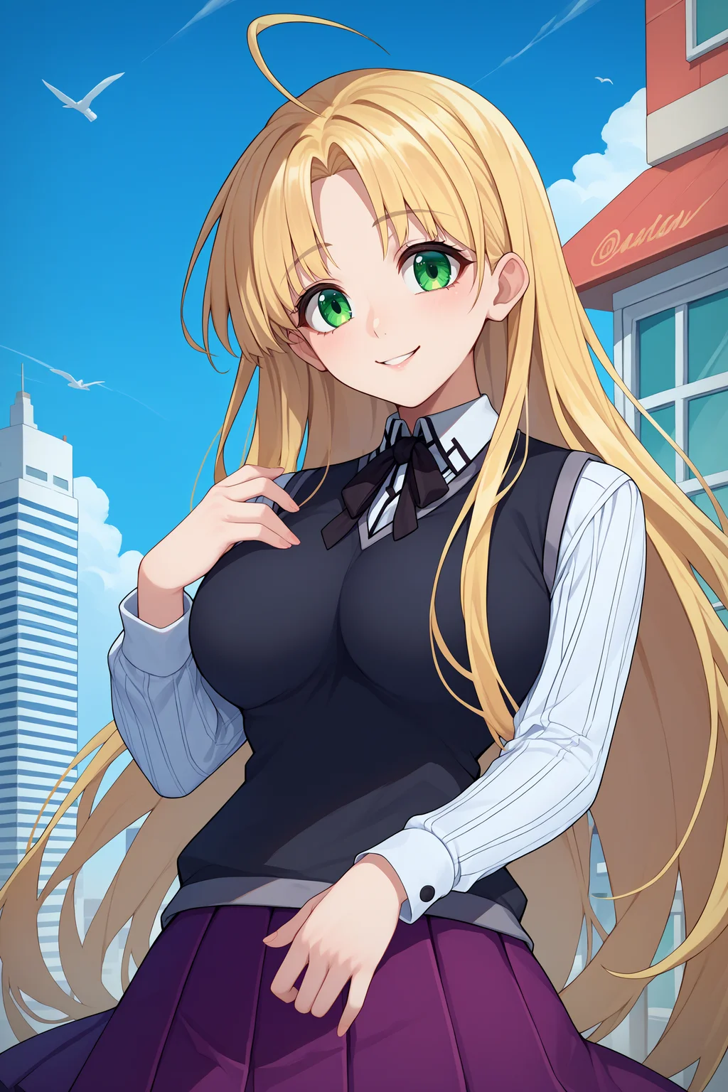 score_9, score_8_up, score_7_up, score_6_up, source_anime, 1girl, solo, <lora:asiaargento-pdxl-nvwls-v1-000005:1> dxdaa, blonde hair, very long hair, green eyes, ahoge, white shirt, black sweater vest, neck ribbon, collared shirt, long sleeves, purple skirt, pleated skirt, big breasts, looking at you, smile, blue sky, city, upper body, happy