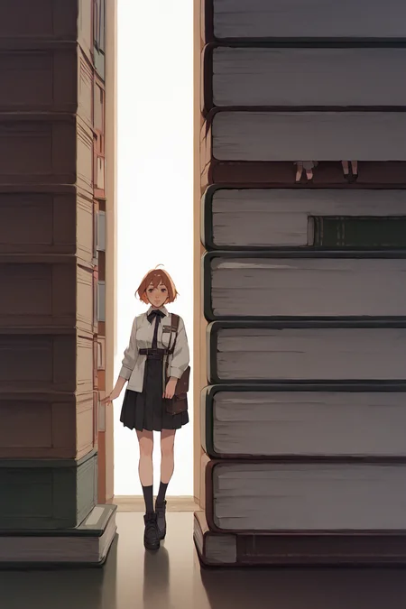 <lora:mini-people:1> minipoeple, minigirl, woman standing next to regular sized book, regular sized objects, <lora:RD-MAnon-XLV1.1:1>, , source_anime, score_9_up, score_7_up, score_8_up