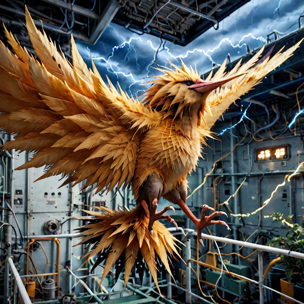 score_9, score_8_up, score_7_up, score_6_up, solo, zapdos, pokemon (creature), feral, avian, bird, bipedal, yellow body, yellow feathers, detailed feathers, realistic feathers, pointy feathers, spiky feathers, sharp feathers, talons, tail feathers, spiky fluffy head feathers, long beak, white sclera, large wings, flying, in air, lightning in background, thunderstorm, electricity, industrial factory, power plant, electrical facility, dynamic angle, cinematic, photorealistic, real life
