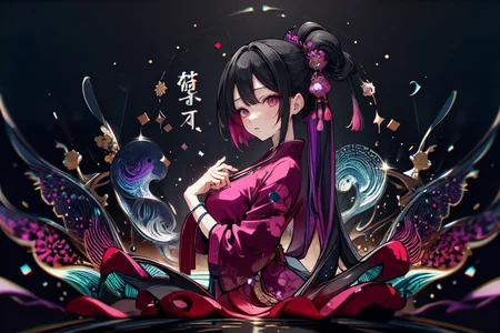 highly insanely detailed, masterpiece, top quality, best quality, highres, 4k, 8k, RAW photo, (very aesthetic, beautiful and aesthetic),  
(code_style,codestyle),traditional chinese text,japanese text, 
<lora:CodeStyle (half generic class)_564920:1>, 
(1girl:1.3), 1other, 
downtown,city,pure black background,pure purple background,pure magenta background,(color splash background,color bokeh background,psychedelic color background),âââ