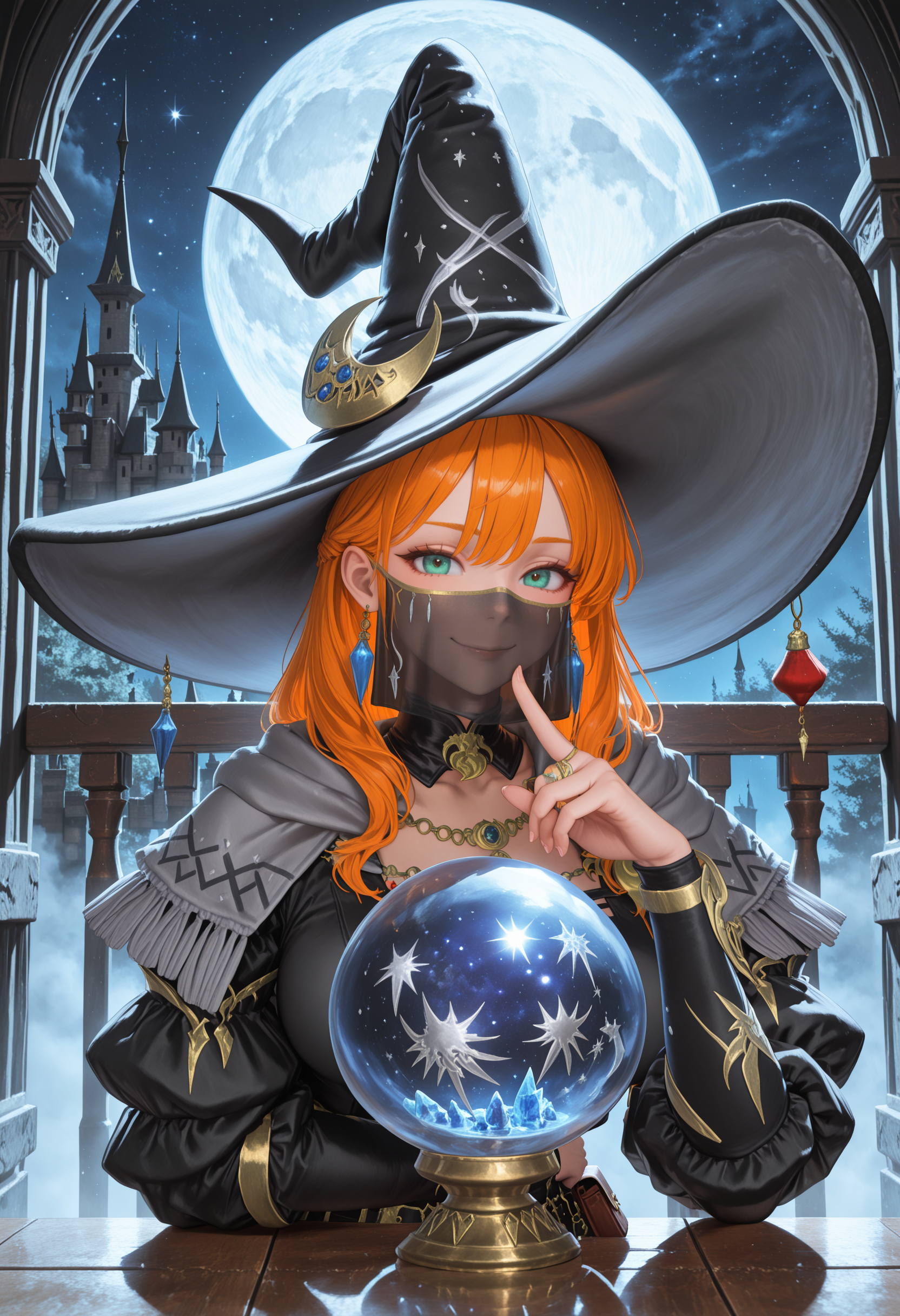 masterpiece, very awa, best quality, amazing quality, very aesthetic, absurdres, newest, intricate details, <lora:cfg_scale_boost:.7>, scenery,  castle, starry sky, night, full moon, sitting, at table, 
solo,  crystal ball, pov across table, arm under breasts, hand rest,  knowing smile, looking at viewer, 
optical vortex, mist, fog, misty, simple background, extremely detailed,   <lora:Welkin_Attire:1> welkin, jewelry, standing, puffy sleeves, welkin robe, welkin hat, capelet, crescent, mouth veil, belt pouch,