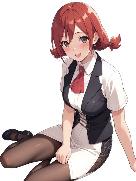 masterpiece,best quality,newest,
1girl,solo,
<lora:t_hibari_ilxl_v1.0:1>,t_h,short twintails,red hair,brown eyes,h_clothes,red ascot,black_pantyhose,white skirt,red mary_janes,
<lora:Fixhands_anime_bdsqlsz_V1:1>,open mouth,smile,:d,sitting,blush,simple background,white background,looking_at_viewer,