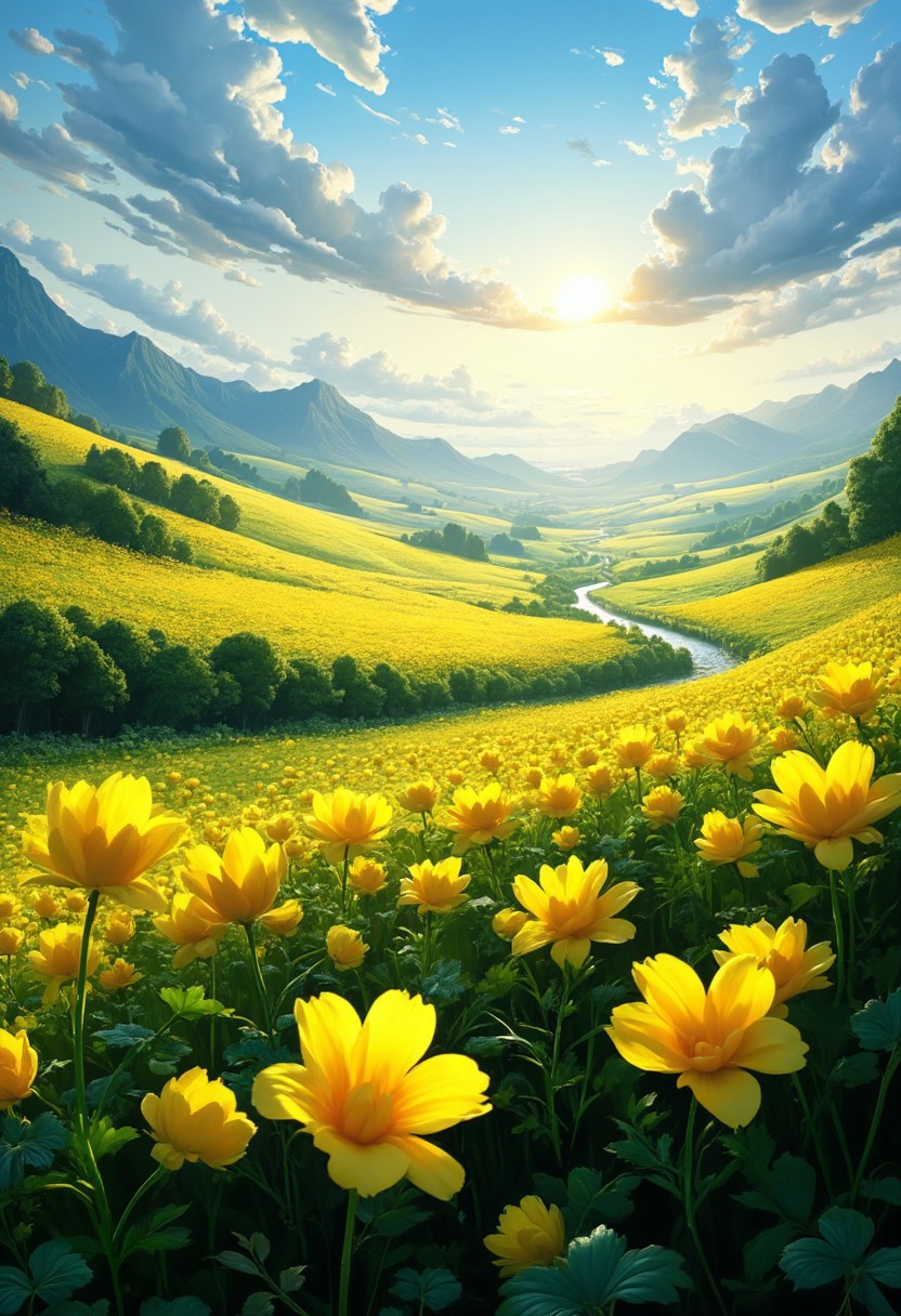 detailed background, from above,( Calm spring morning landscape), beautiful view, Flower Field, canola flower in full bloom, canola flower, early morning, sunrise sky, beautiful clouds, dappled sunlight, 
I can see a windmill in the distance, 
depth of field, masterpiece, best quality, ultra-detailed, very aesthetic, illustration, perfect composition, intricate details, absurdres, moody lighting, wisps of light, no humans,