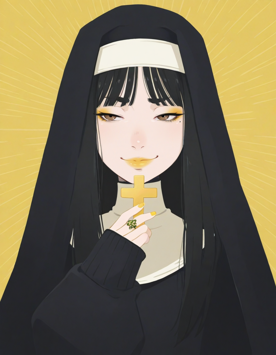 (masterpiece, best quality, ultra-detailed, absurdres, newest, detailed textures, correct anatomy:1), detailed_hands, elegant_fingers, <lora:HaneAme_ILXL:1>, haneame, asian woman, pale skin, makeup, black hair, brown eyes, long hair, streetwear, oversized clothes, sleeves past wrists, contemporary, nail polish, lips, eyeshadow, yellow nails, yellow lipstick, yelow eyeliner, yellow theme, rings, <lora:MSMLN-IL:0.25>, msmln, <lora:hara_id_21:0.25>, h4ra_illu, <lora:H4ru_style:0.25>, h4ru_illu, <lora:Sinozick_style:0.25>, sinozick_illu, <lora:you_can_just_give_this_kind_of_thing_to_men_and_they_will_be_thrilled_meme:0.7>, you can just give this kind of thing to men and they will be thrilled (meme), smug, holding_cross_in_her_hand, hand up, nun, veil