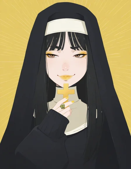 (masterpiece, best quality, ultra-detailed, absurdres, newest, detailed textures, correct anatomy:1), detailed_hands, elegant_fingers, <lora:HaneAme_ILXL:1>, haneame, asian woman, pale skin, makeup, black hair, brown eyes, long hair, streetwear, oversized clothes, sleeves past wrists, contemporary, nail polish, lips, eyeshadow, yellow nails, yellow lipstick, yelow eyeliner, yellow theme, rings, <lora:MSMLN-IL:0.25>, msmln, <lora:hara_id_21:0.25>, h4ra_illu, <lora:H4ru_style:0.25>, h4ru_illu, <lora:Sinozick_style:0.25>, sinozick_illu, <lora:you_can_just_give_this_kind_of_thing_to_men_and_they_will_be_thrilled_meme:0.7>, you can just give this kind of thing to men and they will be thrilled (meme), smug, holding_cross_in_her_hand, hand up, nun, veil