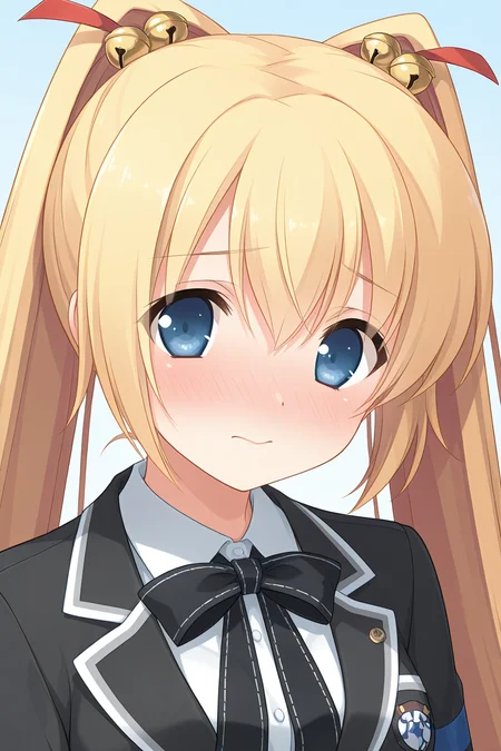masterpiece, best quality, absurdres, official art, official style, rating general BREAK <lora:asasakameguri_IL_v1-4:0.7>, asasaka meguri, 1girl, solo, blue eyes, blonde hair, twintails, hair between eyes, very long hair, hair ribbon, red ribbon, hair bell, jingle bell, cat hair ornament, small breasts, looking at viewer, school uniform, long sleeves, black jacket, white shirt, black bowtie, black necktie, short necktie, blazer, buttons, emblem, collared shirt, striped sleeves, upper body, portrait, close-up,
closed mouth, embarrassed, front view, looking at viewer, nose blush, shy