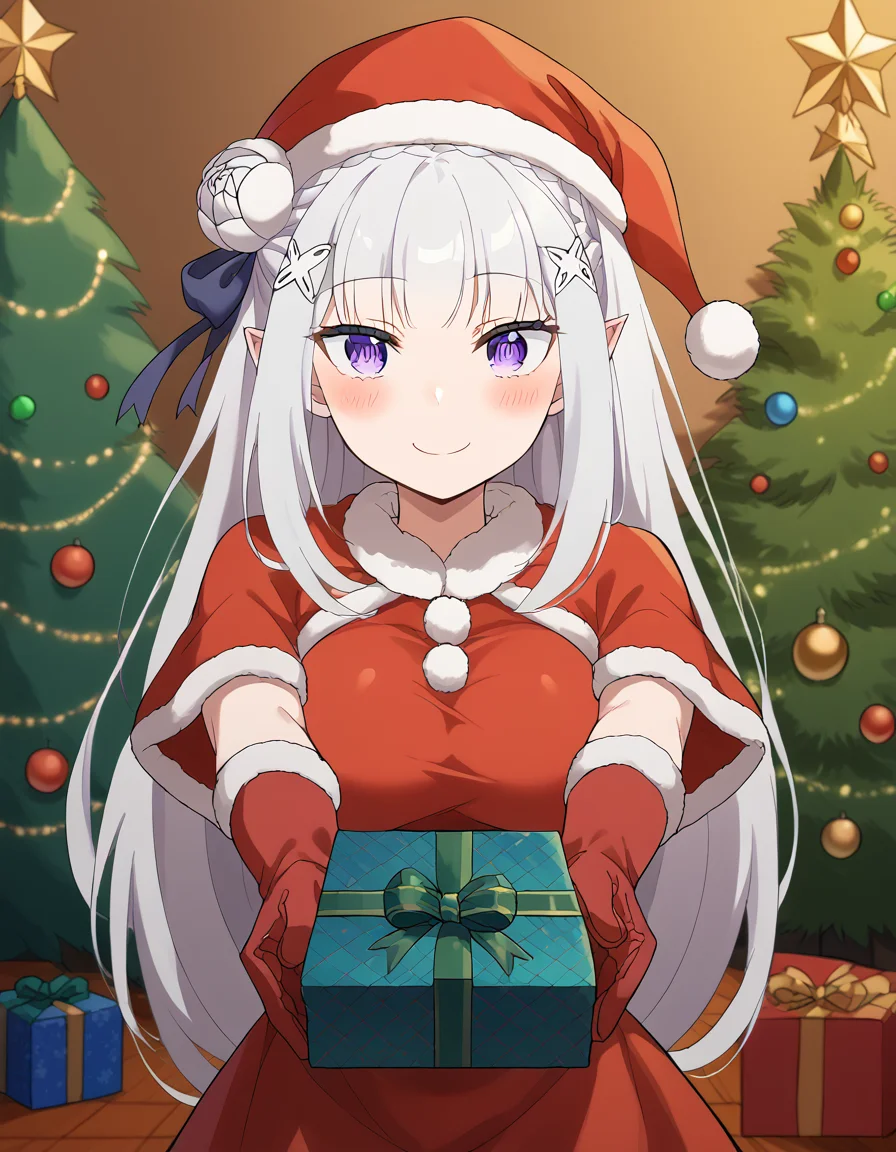score_9, score_8_up, score_7_up, source_anime, <lora:rezero-emilia-s3-p1-ponyxl-lora-nochekaiser:1>, emilia, braid, crown braid, flower, hair flower, hair ornament, hair ribbon, long hair, pointy ears, purple eyes, white hair, x hair ornament, large breasts, <lora:santa-costume-ponyxl-lora-nochekaiser:1>, santa costume, santa hat, christmas, sack, merry christmas, gift, fur-trimmed headwear, holding sack, santa dress, fur-trimmed dress, christmas tree, christmas tree, fur trim, red capelet, gift box, red gloves, fur-trimmed capelet, santa gloves, red hat, hat,, smile, blush, looking at viewer, <lora:incoming-gift-ponyxl-lora-nochekaiser:1>, incoming gift, outstretched arms, holding, holding gift, gift, gift box,,