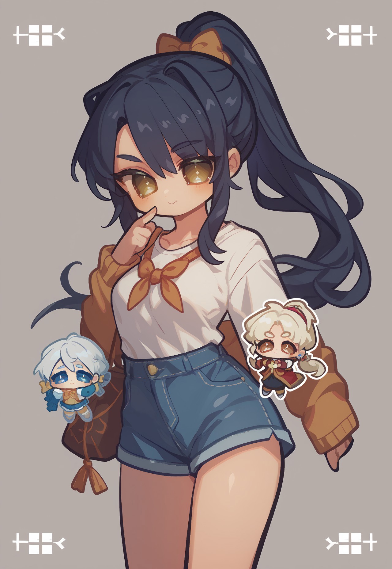 score_9, score_8_up, score_7_up, source_anime, (Omoyu Style), 3girls, long hair, ponytail, cowboy shot, chibi, posing, fun, 