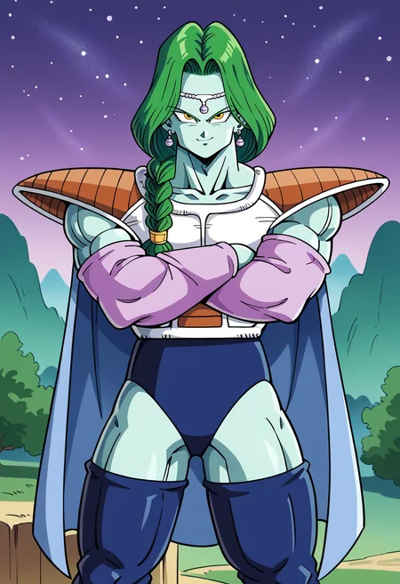 score_9,score_8_up,score_7_up,BREAK zarbon,1boy,solo,blue skin, cowboy shot, white saiyan armor, shoulder pads, blue thighhighs, purple detached sleeves, circlet, lavender earrings, blue briefs, green hair, single braid, yellow eyes, crossed arms,looking at viewer, eyelashes,mount paozu, nature, night, starry sky, cliff, thin mountain, bush,smirk,standing, muscular male, light blue cape, long hair     <lora:ZarbonPony:1> <lora:MountPaozuPony:1>