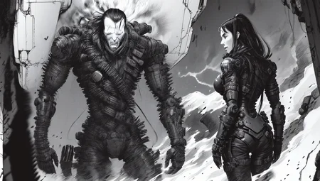 As Killy and Sanakan navigate the treacherous depths of "The City," they encounter ruthless artificial intelligences, biomechanical creatures, and warring human factions. Through epic battles and unexpected encounters, both characters are forced to question their own existence and purpose in a world where humanity has faded away <lora:Blame!:1>