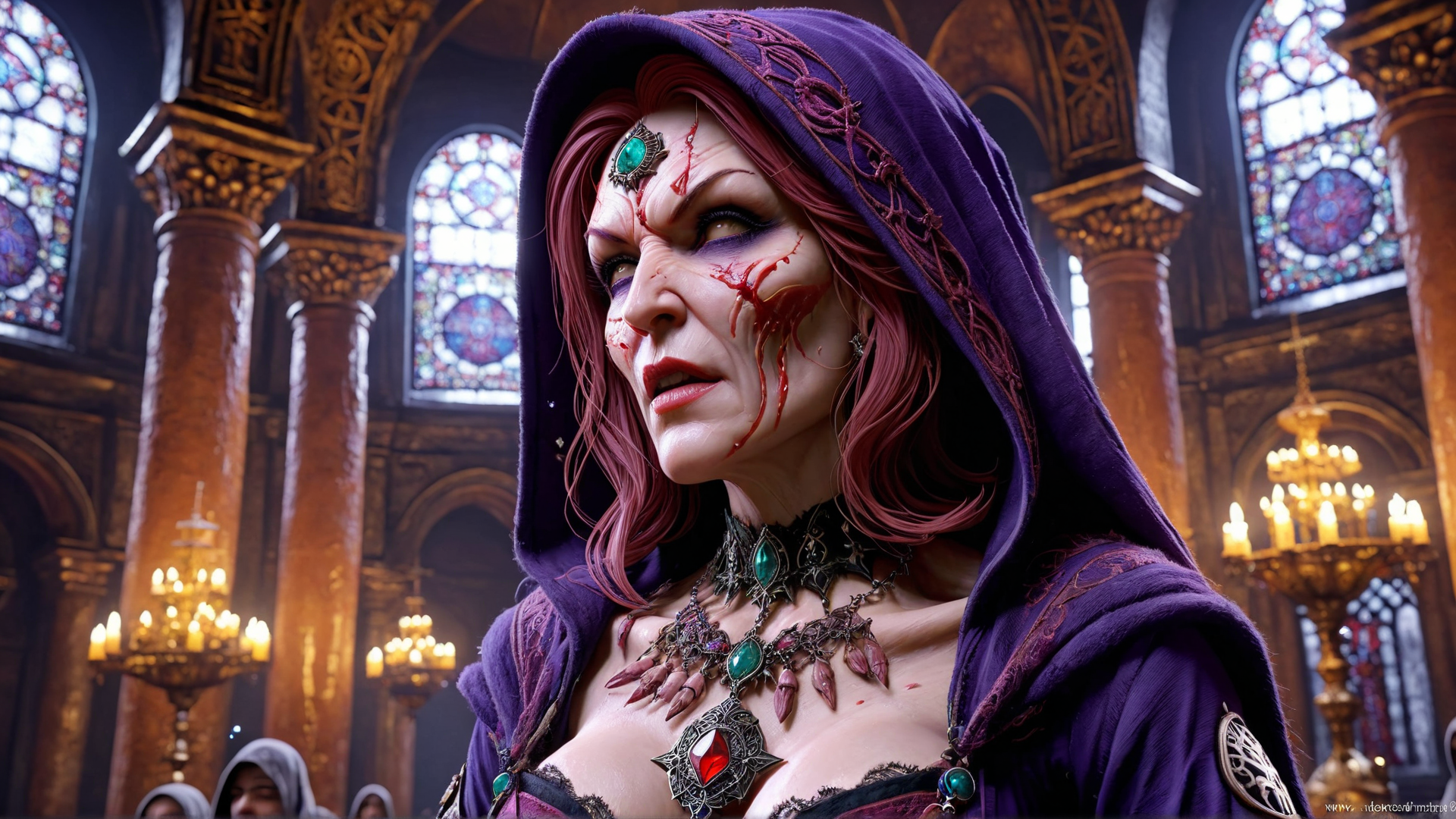 ral-wtchz, Traditional Rayne from BloodRayne, wearing Holy raiment with Hagia Sophia ornaments, <lora:ral-wtchz-sdxl:0.8>, badge, cool colors, detailed, beautiful detailed supreme quality color intricate, contemporary, quality, rich deep colors, shiny