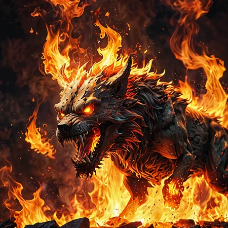 angry wolfskullheaded burninghellhound jumping in the hell, burning wolfhead, wolfhead skull in flames, runes, burning, angry, mad, agressive, symbols,, glowing, radiance, rays, fire, blaze, fantasy, RPG, firemagic, flames, best quality, ultra-detailed, analog style, cinematic light, sidelighting, ultra high res, serious look, hell in the background smoke, burning fur, <lora:LCM_SD15:1>
