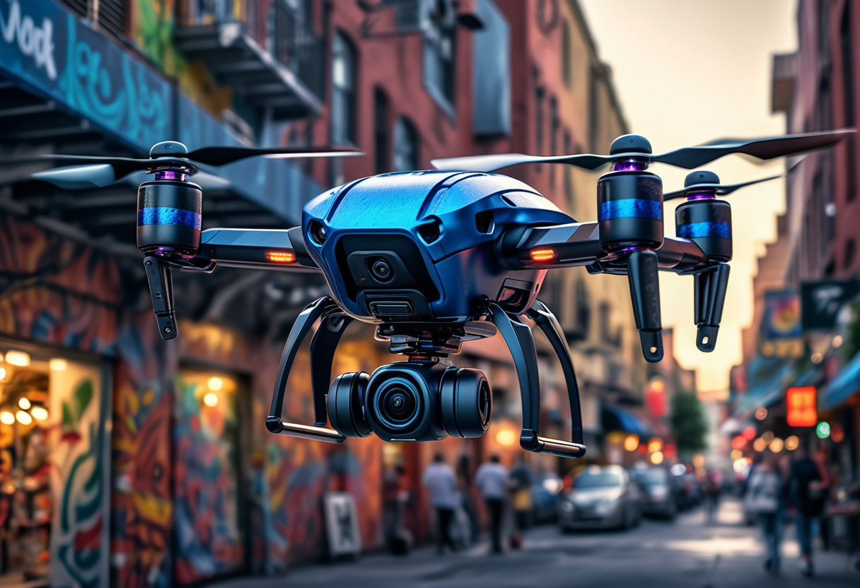 award winning, (professional photo) of (rugged micro blue drone) with reflective-surfaces body, ducted fans, fixed-wing structure,   the drone is flying over  a vibrant urban quarter, with colorful murals, eclectic markets, diverse dining options, active community life, under the stars, , creative, beautiful, vibrant, masterpiece, 64k, UHD, HDR, full view, atmospheric lighting, extremely detailed