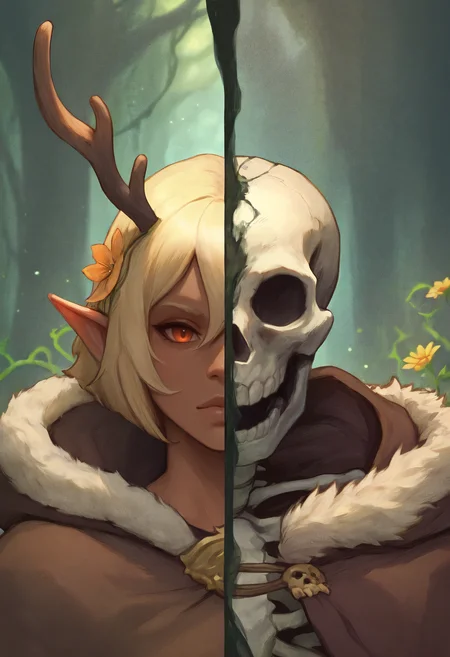 fantasy,SplitScreen, split screen, upper body,1girl,dark-skinned female,elf ears,short hair,bangs,hair between eyes,orange eyes,blonde hair,brown robes,fur trim,vines,druid,antlers,hair flowers,,hood down,forest,light particles,blurry background,lips <lora:SplitScreen_illusXL_Incrs_v1:1>
fantasy,SplitScreen, split screen, upper body,skeleton,skull,overgrown,flower,brown robes,fur trim,hood down,rotting,torn clothes <lora:SplitScreen_illusXL_Incrs_v1:1>, masterpiece, best quality,