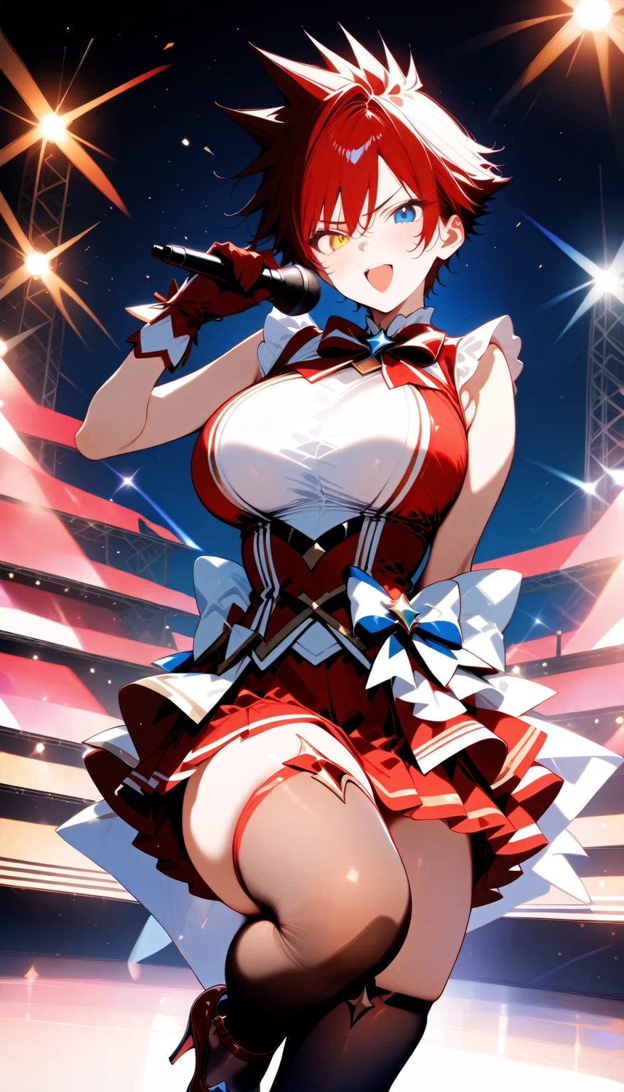 1girl, Minami Asuka, sensitive, year 2025, outdoors, stage, stage lights, feet out of frame, solo, tomboy, very short hair, red hair, spiked hair, very handsome face, heterochromia, blue eyes, yellow eyes, large breasts,
a adult tomboy girl with very boyish handsome shortcut red hair with (spiked hair:1.2) and very handsome face and heterochromia with blue eyes and yellow eyes and perfect female body and large breasts wearing red idol uniform and idol clothes and pleated miniskirt and gloves and thighhighs and high heels and singing with grab microphone,
masterpiece, high score, great score, absurdres