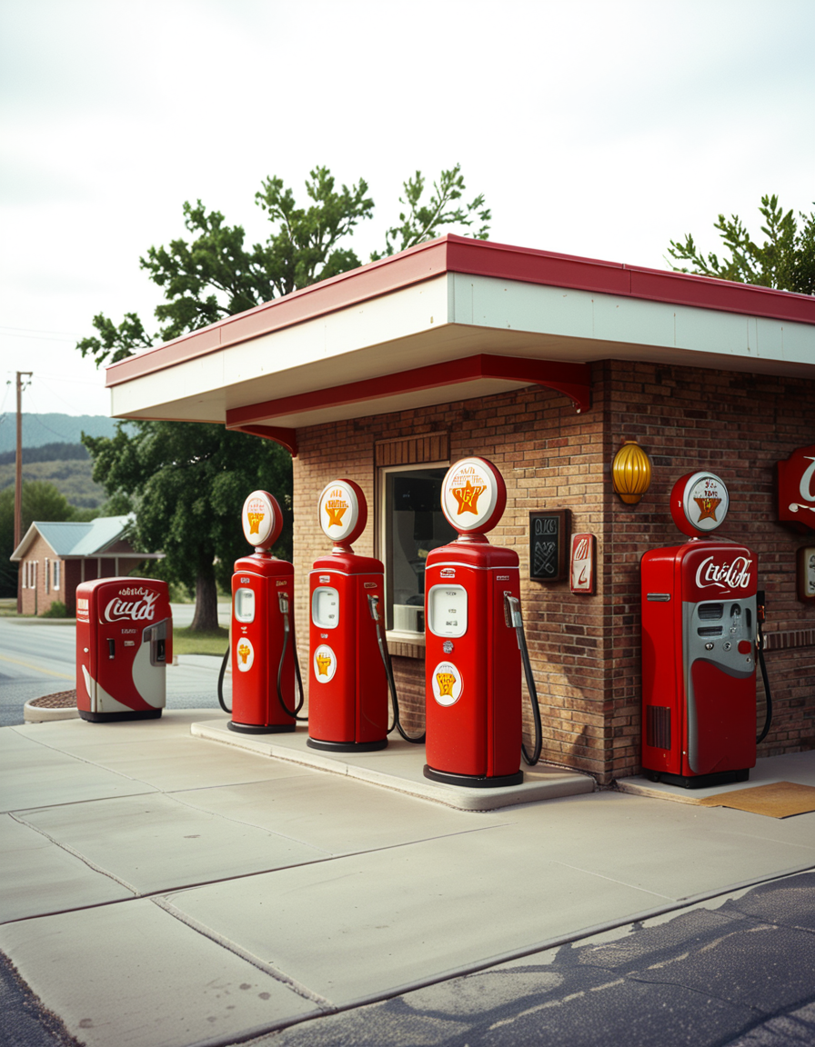 A realistic vintage photograph of a 1950s American gas station with no people present. The small brick building has a flat roof with a wide canopy extending over two classic red gas pumps from the 1950s, featuring chrome details, round meters, spiral hoses, and retro branding like "Texaco" or "Shell".The ground is old concrete with cracks and oil stains. Beside the station, there's a vintage Coca-Cola vending machine and a hand-painted wall sign that reads âDrive Safely!â. The sky is lightly overcast, casting soft shadows and a nostalgic mood. In the background, leafy trees, distant low hills, and an empty country road stretch into the distance. The photo has a slightly faded, desaturated color palette with warm vintage tones and a subtle grain, mimicking the look of 1950s Kodak film photography. The overall atmosphere is calm, quiet, and deeply nostalgic.
<lora:SDXLFaeTastic2400:0.4> <lora:extremely_detailed:0.4> extremely detailed, <lora:1950s_American_gas_st4t10n:1>,1950s American gas st4t10n, Masterpiece,best quality,hi res,8k,hi res,8k,award winning,(sharp focus, intricate, highly detailed),