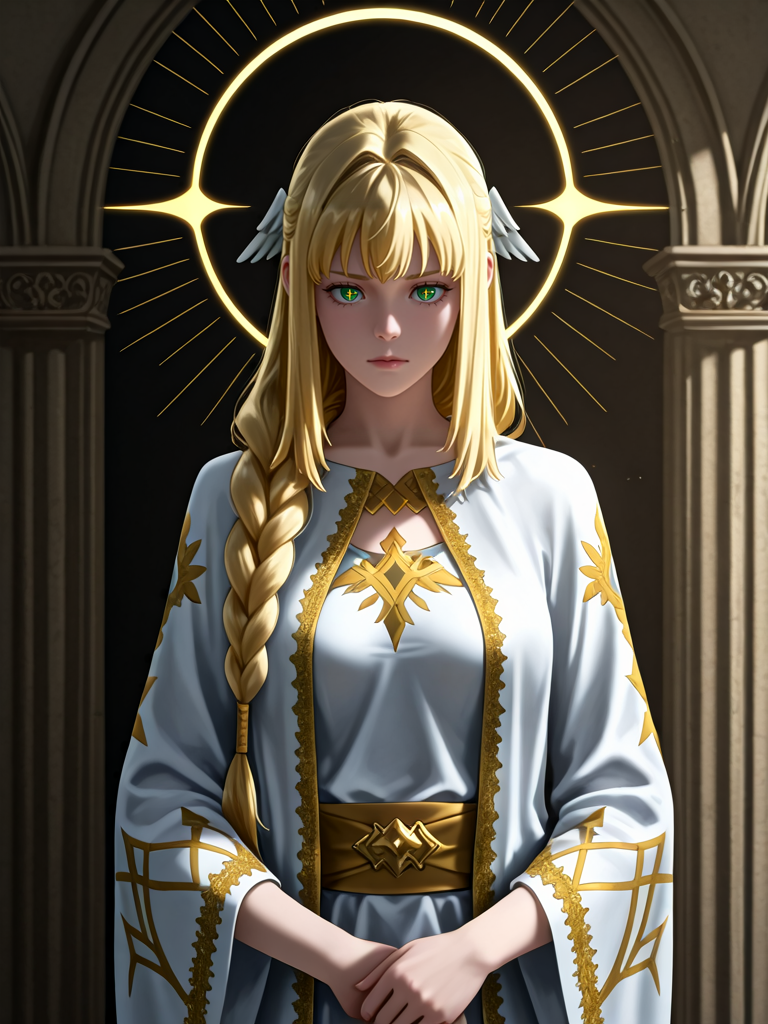masterpiece,high quality,highres,absurdres,(<lora:Dolores Quovadis22:1>,1 girl,solo,long hair straight hair,blonde hair,thick braid,long braid,straight fringe,wing hair ornament,green eyes,cross pupils || Dolores_Quovadis_ceremonial,white ceremonial dress,long robe,gold embroidery,golden trim,wide sleeves,high waist sash),
solar eclipse dim inside a sorcererâs study, a scholar carefully flipping through ancient tomes.,
<lora:Half_Art_Style_IL:1>,