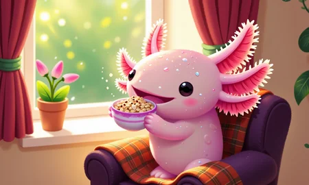 pikaole, axolotl, side view of a pink axolotl in a tiny armchair by a sunlit bay window, holding a small bowl of oatmeal topped with a sprinkle of cinnamon; its round black eyes look out the window peacefully, and its frilly gills sway gently as it eats; a plaid blanket drapes over the armchair, and a potted plant sits nearby catching the light; the tilt-shift effect blurs the garden outside and creates a tranquil morning glow, emphasizing the cozy, homey feel of this breakfast scene, happy axolotls<lora:Axomodel_Flux_V1.1.safetensors:0.85:0.85> <lora:Pikaole v2 (FLUX)_v2_E6.safetensors:0.75:0.75>