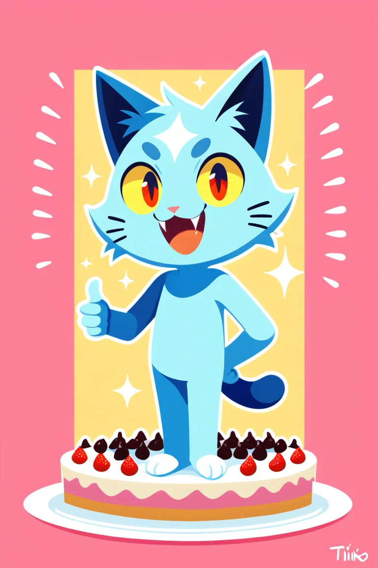 ((2dstyle, flat color)), score_9, score_8,((no shading,lineless ,flat color)), cat, 1boy, (((anthro, full body, good anatomy))), cute, green outlines, light blue fur, yellow sclera, smile, :3, open mouth, cartoony, fangs, colorful stars, blue abstract background, standing, tail, cartoony face, looking at viewer, cake, sweets, candy, colorful, colorful background, (((sfw, thumbs up))), thumbs_up