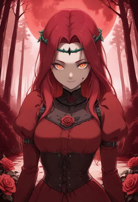 masterpiece, best quality, very aesthetic, absurdres, 1girl, solo, looking at viewer, downturned face, slight smile, red hair, long hair, glowing red-orange eyes, rust red dress, long sleeves, rose patterns on puffy shoulder sleeves, collared dress, black lace collar with one large red rose in the center, circular (black circlet) of thorns on her head, corset with leather straps, thorny rose vines, detailed background, low-key, red haze, red roses, dark fantasy forest, blood moon behind the trees. 