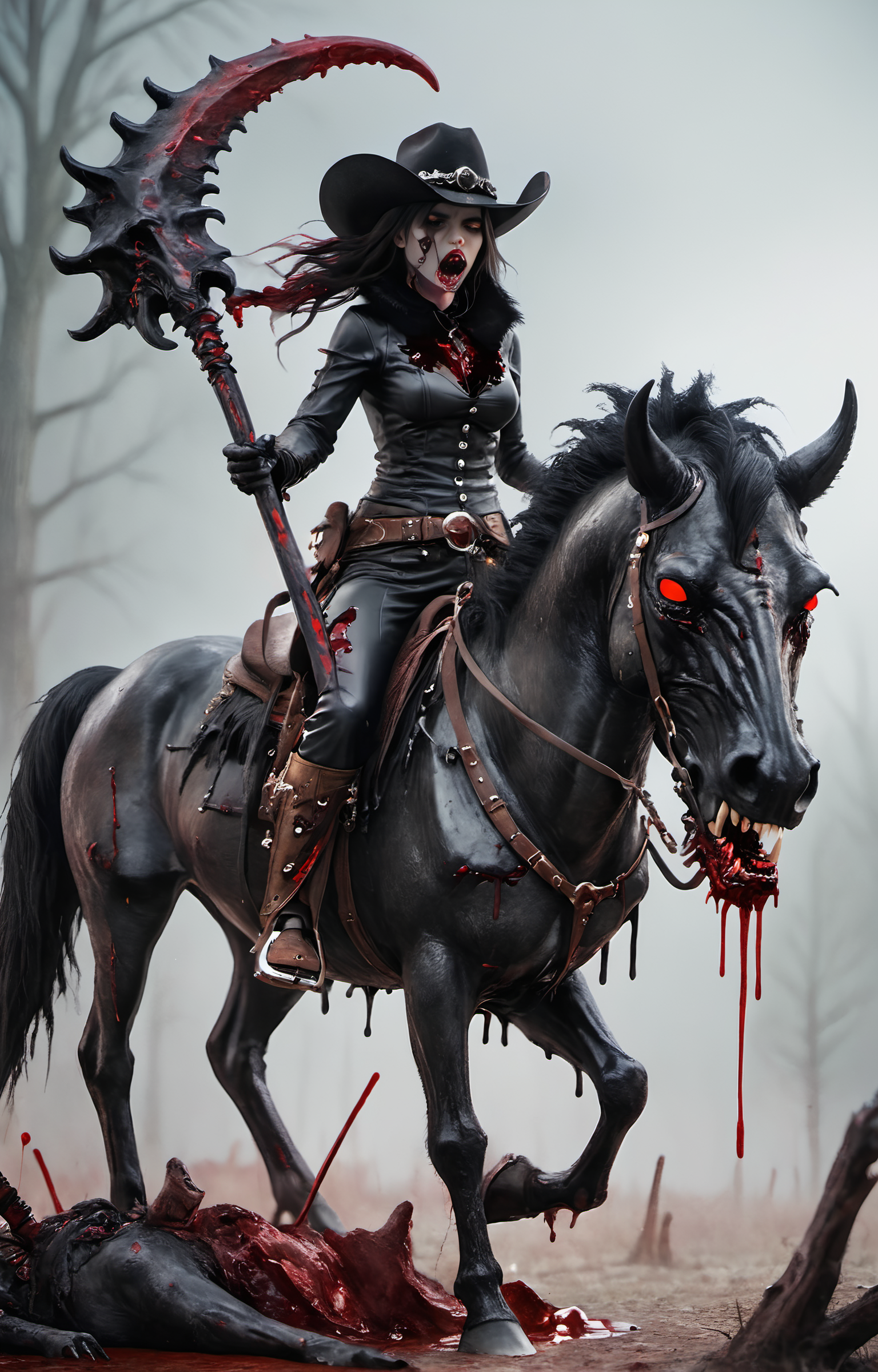 an undead cowgirl riding a Black demon horse (animal),Black horn,Dark Red eyes,blood dripping from mouth,blood dripping from horn,thick fur,horror,extremely detailed CG unity 8k wallpaper,perfect lighting,(masterpiece:1),(best_quality:1),ultra high res,4K,ultra-detailed,photography,8K,HDR,highres,(absurdres:1.2),Kodak portra 400,blurry background,(bokeh),professional photograph,