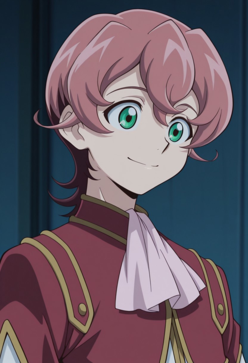 masterpiece,best quality,amazing quality, source_anime, 
MichArclight, 1boy, male focus, solo, green eyes, pink hair, ascot, pink ascot, shirt, pink shirt, jacket, red jacket,  smile,