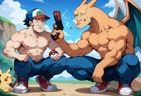 <lora:handsomize_x_pdxl_v1:1.3> score_9, score_8_up, score_7_up, BREAK source_anime, handsomize, outdoors,  2boys, ash ketchum, pokemon, pokeball, cigarette,  tattoo, thug, holding gun, handgun, drugs, squatting, muscular, biceps, red baseball cap, topless male, stitches, scars, blue pants,  BREAK pikachu, charizard