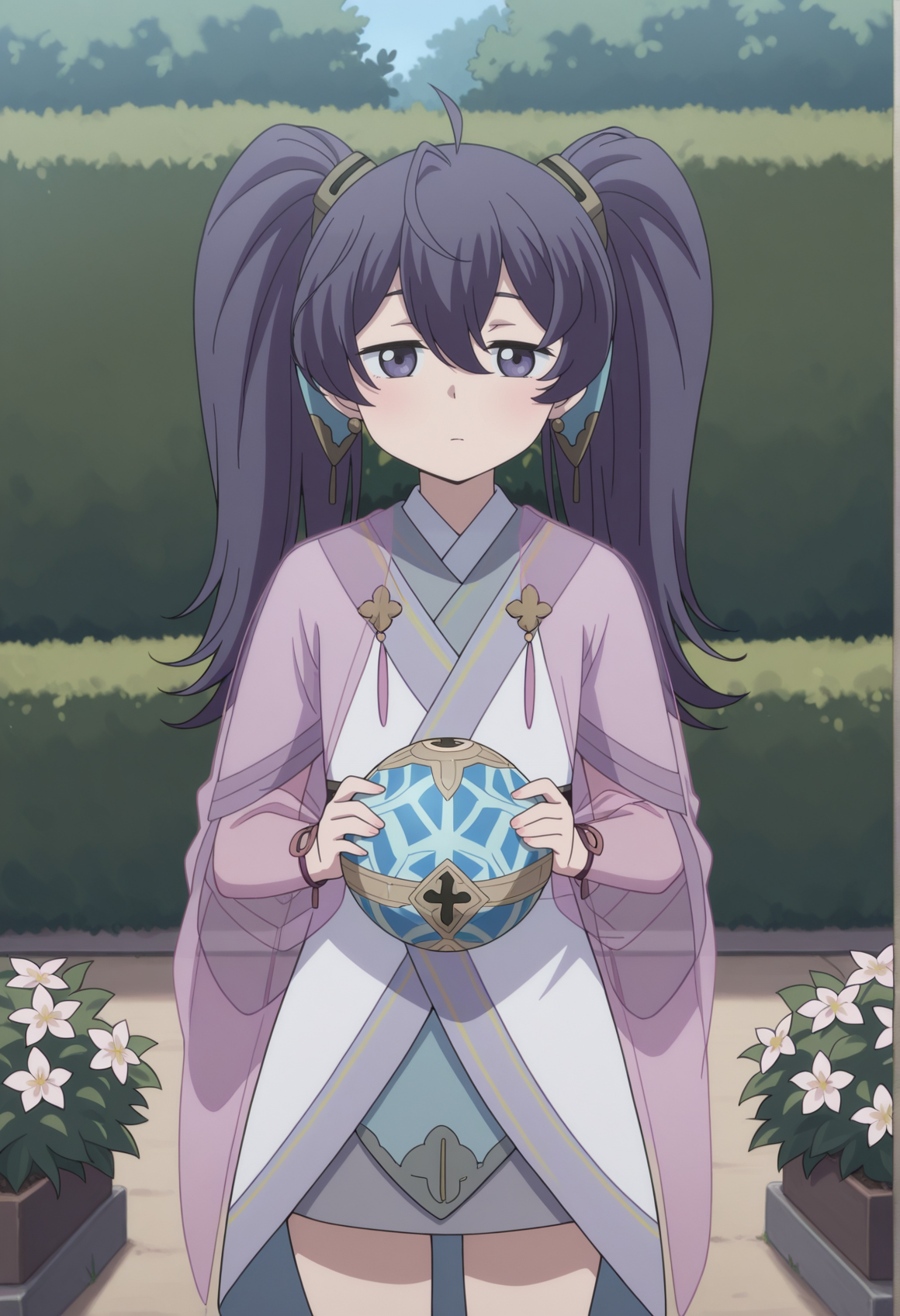 1girl, long hair, purple hair, purple eyes, twintails, chinese clothes, see-through, short dress, jewelry, (holding temari ball:1.4), garden, flowers, looking at viewer,  <lora:imouto_ken_en_ken:1>, masterpiece, best quality, amazing quality, very aesthetic, absurdres, highres, newest