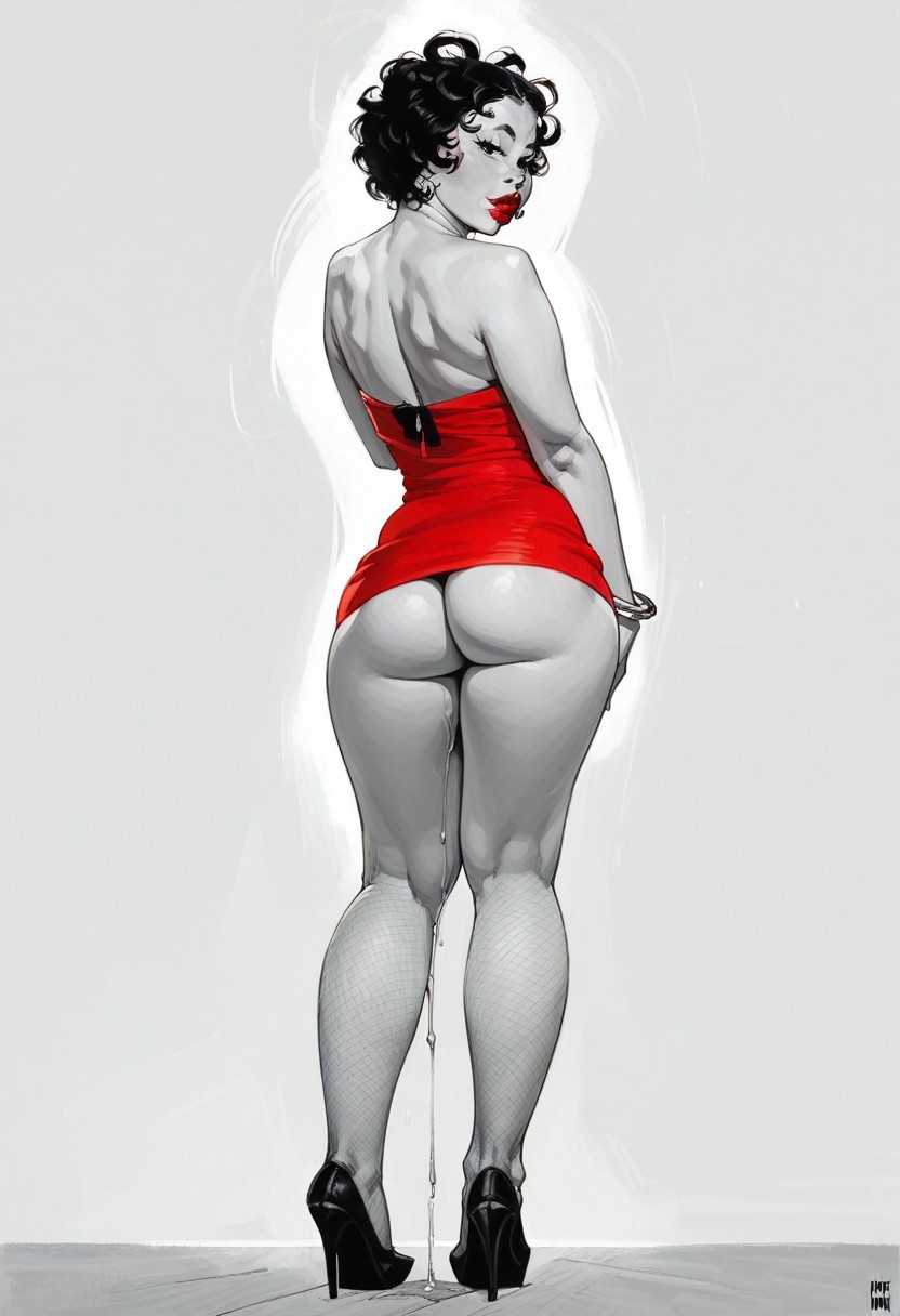 score_9, score_8_up, score_7_up, 1girl,  narrow waist, seductive expression, thick lips, athletic, toned thighs,  arched back,  dripping, dark eyes, from behind, ass,
/, monochrome background,
/, standing, on stage,
/, BettyB00p, Red Dress, fishnets, high heels, curly hair, jewellery,