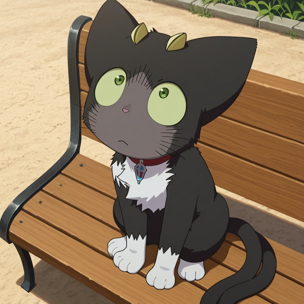 2d, 1boy, solo, Kuro, male, feral, feline, cat, animal ears, cat ears, black fur, small yellow horns, pale green sclera, green eyes, pink nose, white fur, white chest fur, two tails, white paws, whiskers, red collar
BREAK  looking up into the sky, on bench, sitting, outside, outdoors, windy
BREAK best quality, amazing quality, very aesthetic, absurdres, newest, masterpiece