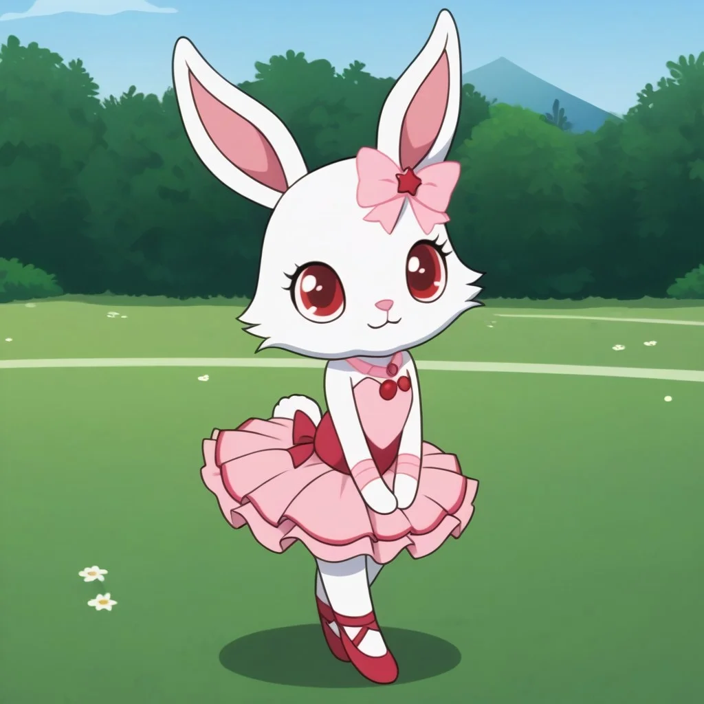 best quality, masterpiece, ruby, jewelpet, rabbit, closed mouth, furry, white fur, anthro, solo, cute smile, pink clothing, tutu, ballet, grassy meadow, blue sky,