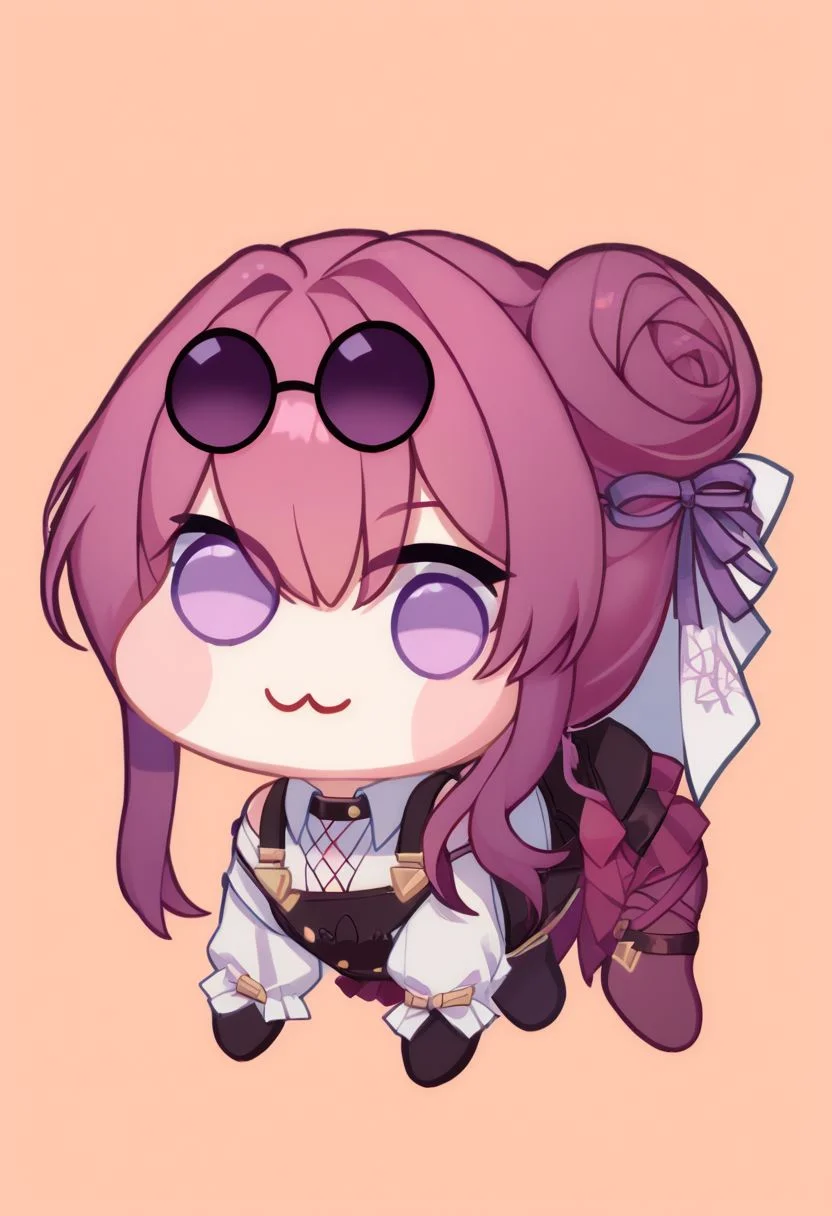 score_9, score_8_up, score_8,
zzNill,
BREAK,
zzKafka, purple_hair, purple_eyes,
doro, creature, :3, chibi, pink hair, purple eyes, hair bun, hair bow,
zPDXL,