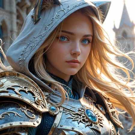 score_9, score_8_up, score_7_up,
(close-up:1.1),
1girl, cat ears, bright (slit:1.1) pupils, blonde long hair,
(shoulder armor:1.2), (armored gloves:1.2), ornate, intricate, blue gemstone,
(hood:1.2), (one eye covered:1.1),
fantasy, masterpiece, vivid, volumetric lighting, sunlight, (wind:1.2)
<lora:Fant5yP0ny:0.5>