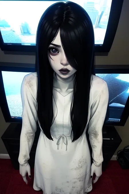 Sadako, long black hair, facing viewer, pale skin, hair over eyes,
White dress, long sleeves ,dirty clothes,
solo, standing, short,
dark room, large TVs,
(insanely detailed, beautiful detailed face, masterpiece, best quality) <lora:TheOnryo-09:0.7>