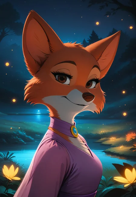safe_pos, score_9, score_8_up, score_7_up, source_furry, rating_explicit, furry \(style\), toon \(style\), high-definition, masterpiece, best-quality, 4k, 2k, aburdres, perfect shadows, sharp focus, bokeh, extremely detailed CG unity 8k wallpaper, on model, flat color, upper body, MarianC, female, orange fur, brown eyes, brown nose, tail, pink wimple, broochC, purple dressC, pink chemiseC, outdoors, night, forest, lake, fireflies, light particles, soft glow, Expressiveh