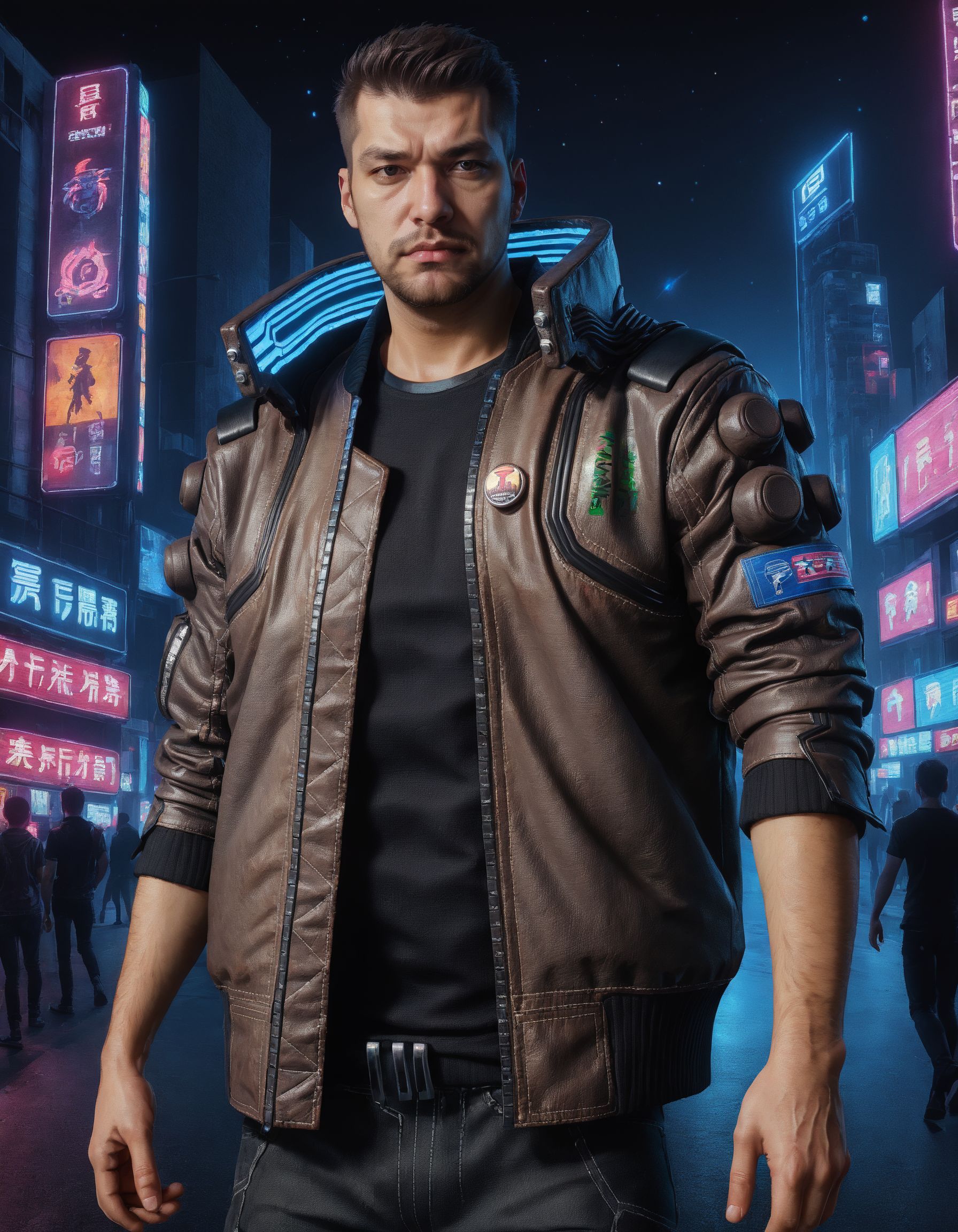 Advertising poster style a man wearing a brown cyberpunk Samurai jacket, looking at viewer, black jeans, black shirt, standing in a busy city street, sleeves up, night, night sky, large cityscape, neon signs, highly detailed, professional, 4k,  <lora:CyberpunkSamuraiJacketSDXL:0.75> . Professional, modern, product-focused, commercial, eye-catching, highly detailed