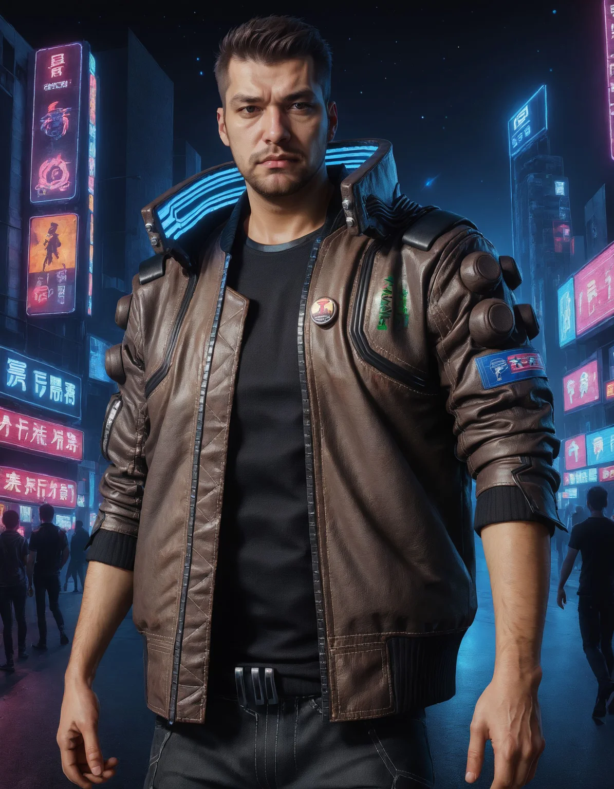 Advertising poster style a man wearing a brown cyberpunk Samurai jacket, looking at viewer, black jeans, black shirt, standing in a busy city street, sleeves up, night, night sky, large cityscape, neon signs, highly detailed, professional, 4k,  <lora:CyberpunkSamuraiJacketSDXL:0.75> . Professional, modern, product-focused, commercial, eye-catching, highly detailed