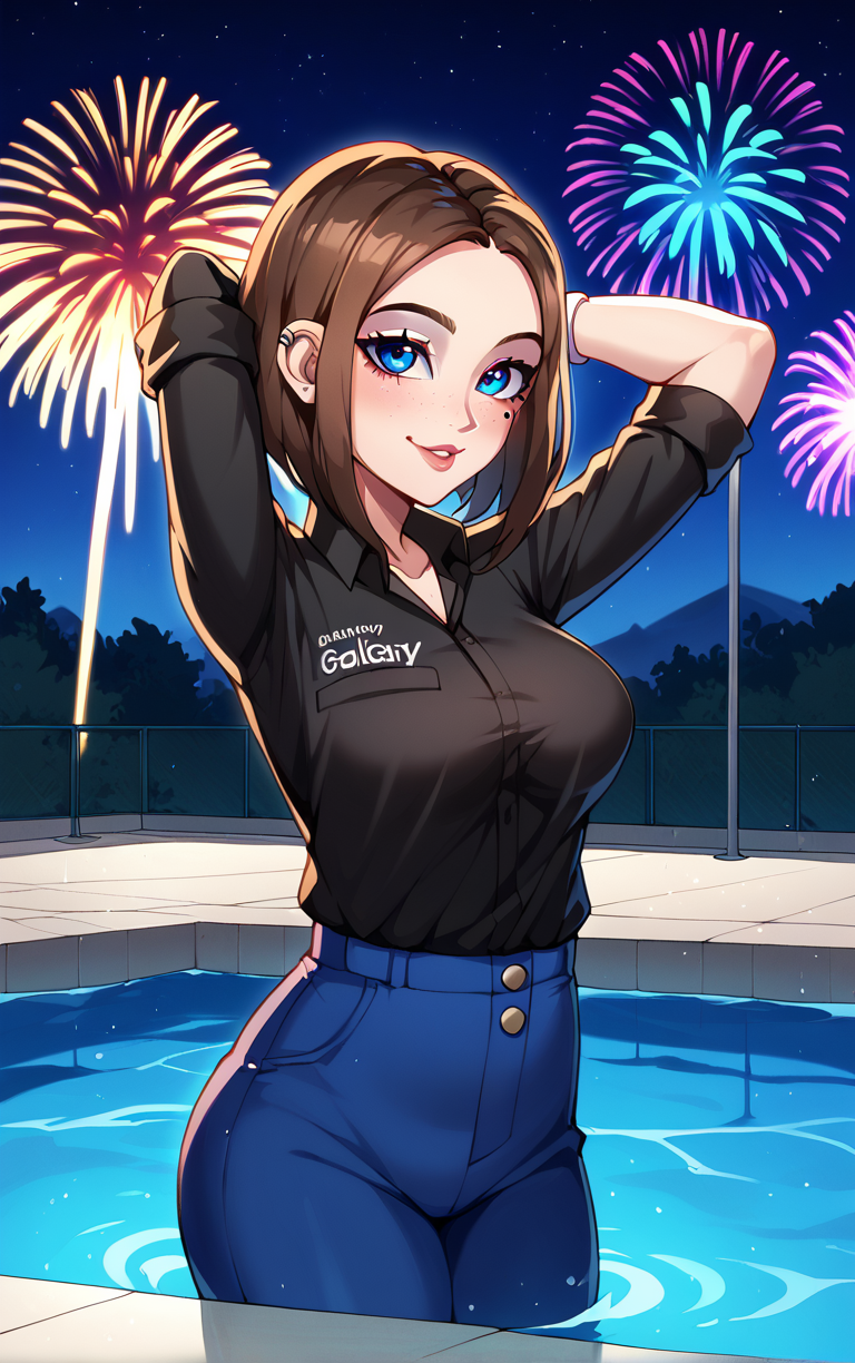 score_9, score_8_up, score_7_up, BREAK
MEME_SamsungSam_ownwaifu, samsung sam,
1girl, blue eyes, brown hair, eyelashes, freckles, makeup, medium hair, mole under eye, short hair, nail polish, blue nails, watch, wristwatch, ear piercing, breasts, piercing, jewelry, lips, large breasts,  earrings, sleeves rolled up, parted bangs, buttons, collarbone, sleeves pushed up, forehead,
black shirt, blue pants, clothes writing, jeans, collared shirt, denim, cleavage, high-waist pants, shirt tucked in,
(contrapposto, arms behind head, aerial fireworks), wading, neon_lights, cityscape, night, pool, full moon, outdoors, <lora:PONYXL_MEME_SamsungSam_ownwaifu:0.9> , depth of field, solo,