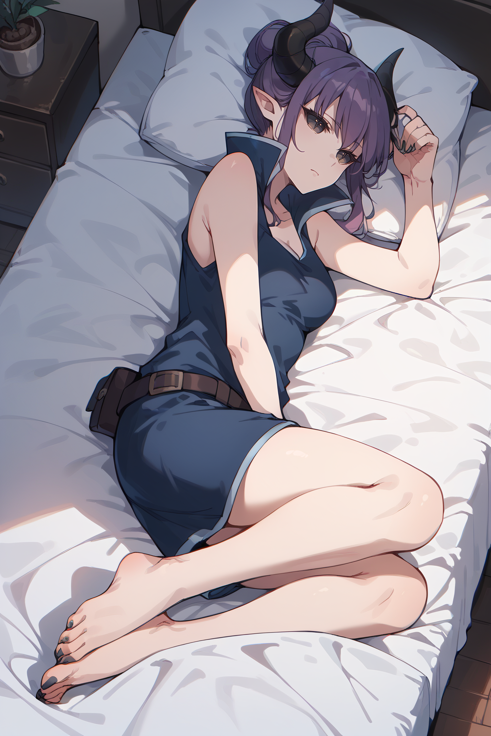 score_9, score_8_up, score_7_up, score_6_up  <lora:fiorentia:1> horns, sleeveless, tank top, belt, from above, on bed, on side