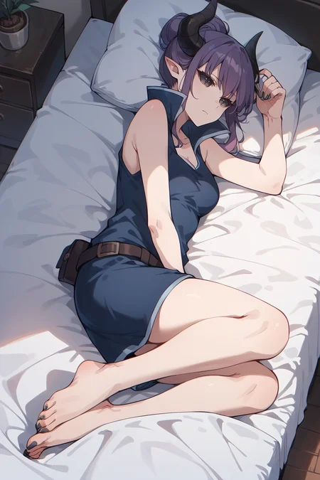 score_9, score_8_up, score_7_up, score_6_up <lora:fiorentia:1> horns, sleeveless, tank top, belt, from above, on bed, on side