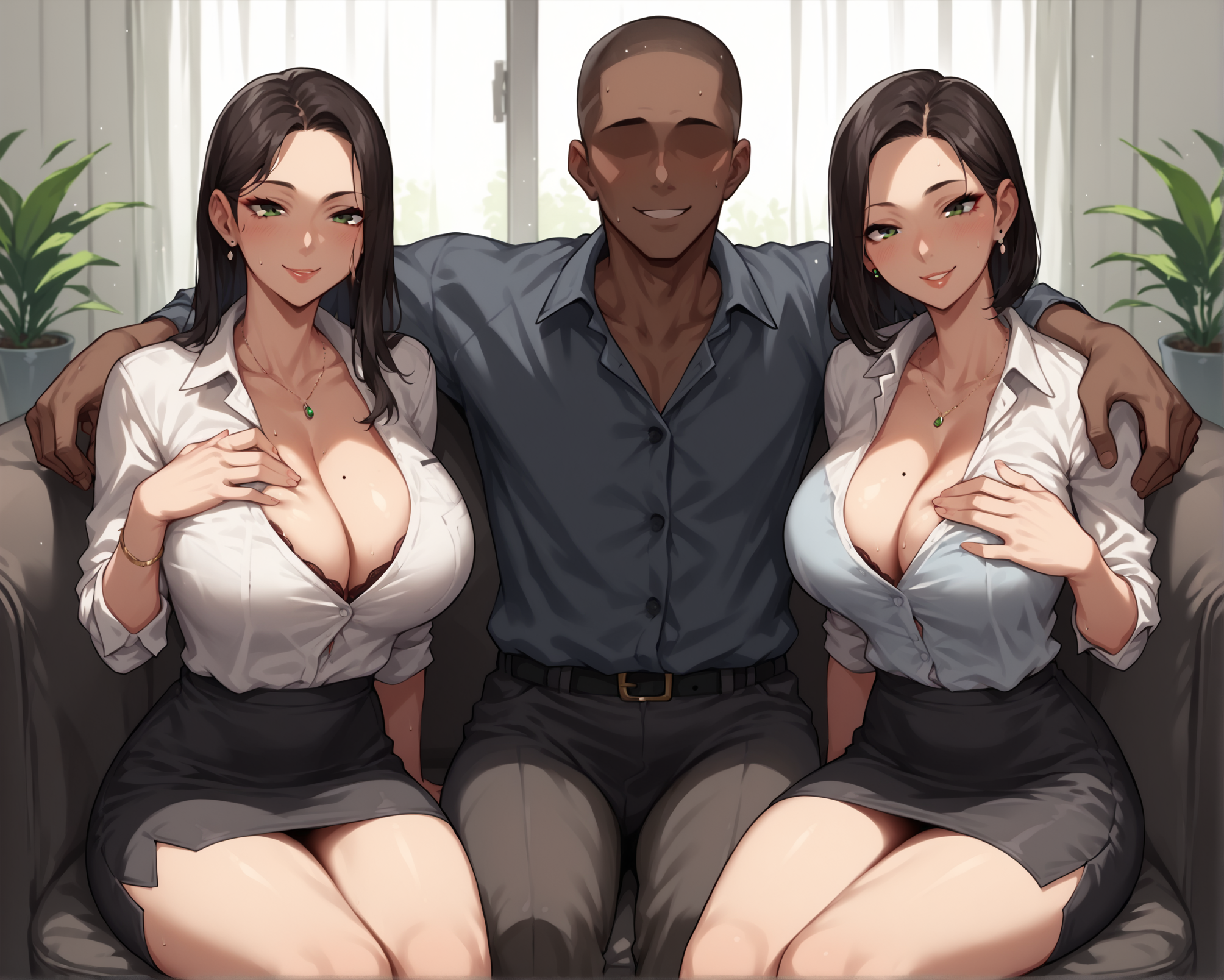 score_9, score_8_up, score_7_up, source_cartoon BREAK 2girls, 1boy, sitting, looking at viewer, 2girls1boy, faceless male, dark-skinned male, office ladies, indoors, office, couch, netorare, smile, seductive, size difference,  pencil skirt, large breasts, cleavage, <lora:Girl_Sandwich_2girls_1boy:0.9>, hand on another's breast, rating_questionable