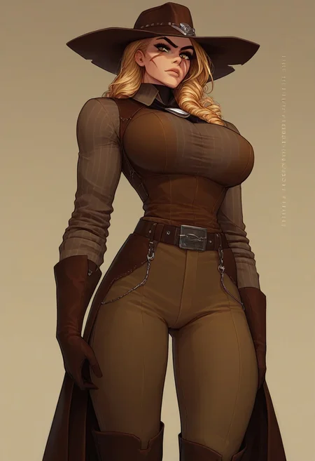 Score_9, Score_8_up, Score_7_up, Score_6, Score_5, Score_4,((best quality)) ultra detailed, aesthetic, extremely detailed eyes and face, perfect body, perfect eyes,
1girl, solo, blonde curls, early colored eyes, scar on the face, scar on the nose, scars on the body,
Slim Figure, Narrow Waist, Wide Hips, (High Breasts), big breasts, Perfect Round Breasts, Perfect Round Butt,
-- clothes -- cowboy hat, leather vest, long sleeved shirt, gloves, cowboy boots, sheriff's badge,
((wild west,Girl standing in the saloon, serious expression on her face.))