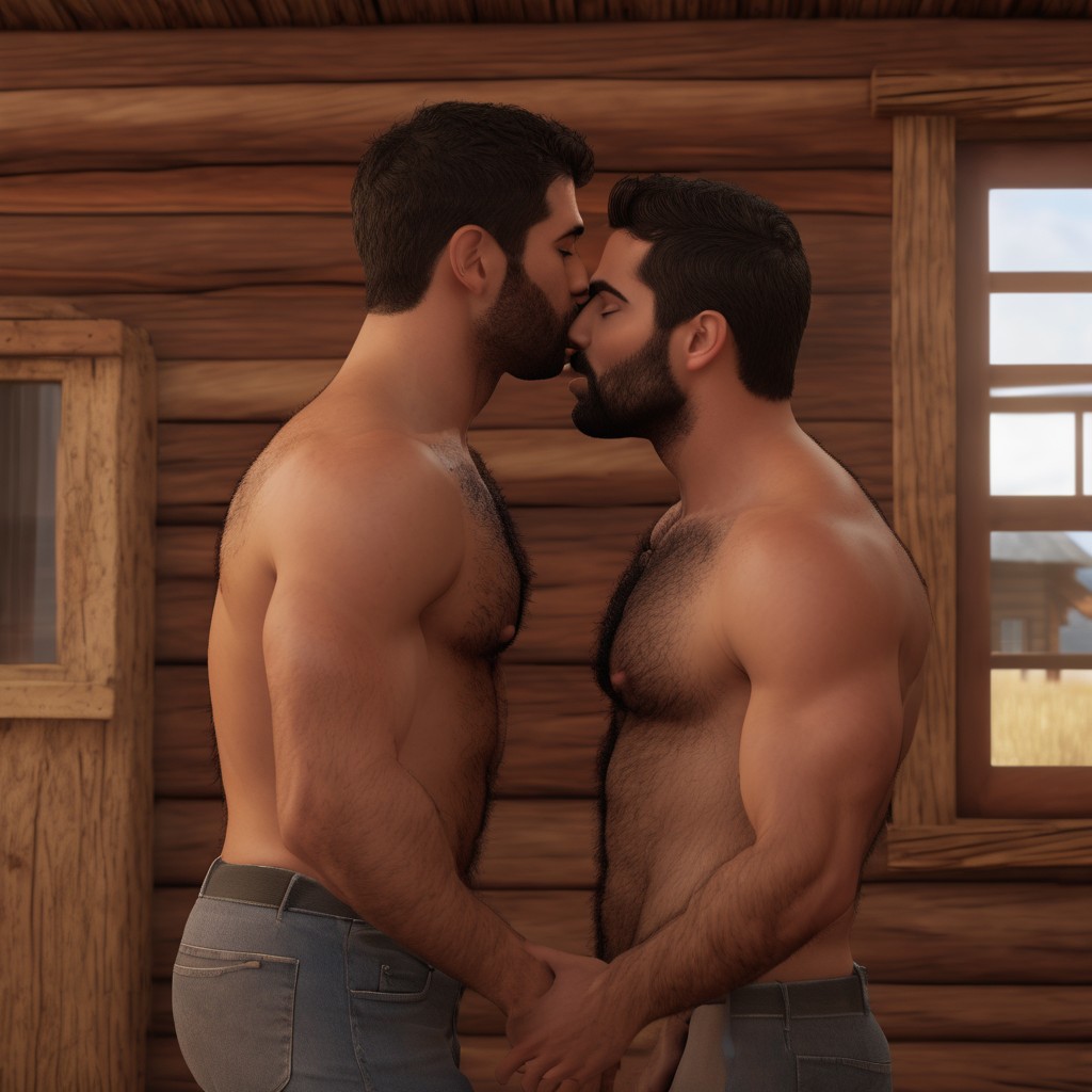 Gay men kissing at a log cabin house, anal sex, cgi, 3d, 3d model, side view, hairy chest, chest up view, portrait