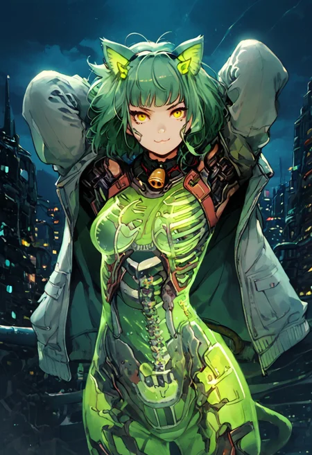 3l3m3ntp, cr1tter, detailed, transparent, (sexy pose),
woman, arms up, smirk, closed mouth, yellow eyes, makeup, fluffy green cat ears, short green hair, bangs, cat whiskers marks, large breasts, green cat tail, grey jacket off shoulder long sleeves, open clothes, socks, neck bell,
(futuristic night city tokyo:1.4), (green neon), brutalist architecture,
score_9, score_8, score_7, score_6, absurdres, skeleton, spine, hip_bones, ribcage, legs bones, solo, half body,
(transparent, transparent_body, transparent_skin),