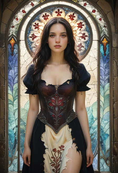 score_9, score_8_up, score_7_up, 
In Medieval world, a valiant warrior Bionic Woman, Tomie Kawakami from junji ito collection ,1girl, looking at looking at viewer, Torn Heavy Night Dress, Stained glass , big natural breast, background, ArsMJStyle, art nouveau,   <
, the scene is captured in dimly lit dark fantasy but vibrant colors, with bold ink lines defining form against the watercolor wash of the aged paper
(Art Noveau), ArsMJStyle,
