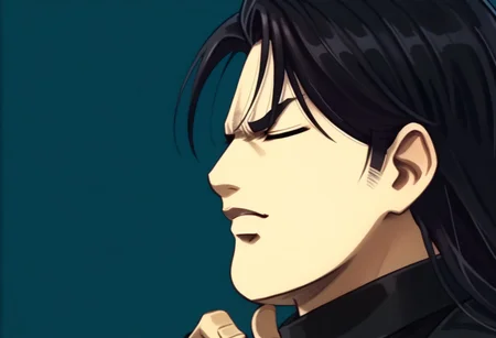 score_9, score_8_up, score_7_up, detailed background, cromartie, 1 boy, shade face, cromartie, anime screencap,hugbaldw,grey cutoff jacket, body harness with holy cross design, long black hair, black shirt, black pants, (hand on chin1.2), eyes closed