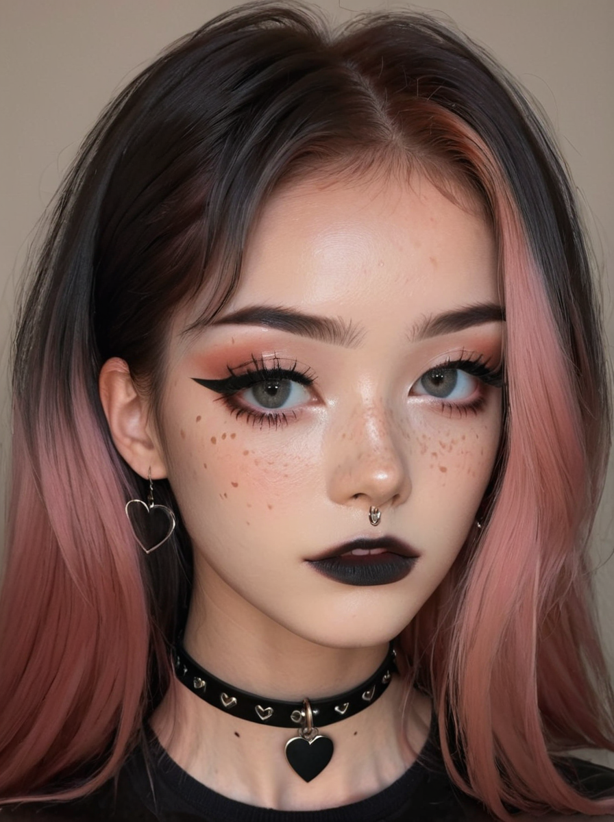 woman with long dyed hair, seductively looking upside  at camera, makeup, (freckles:0.7), eyeliner, black t-shirt, and (heart shaped:0.3) chocker, best aesthetic, soft light <lora:alt_fashion_v2:1>