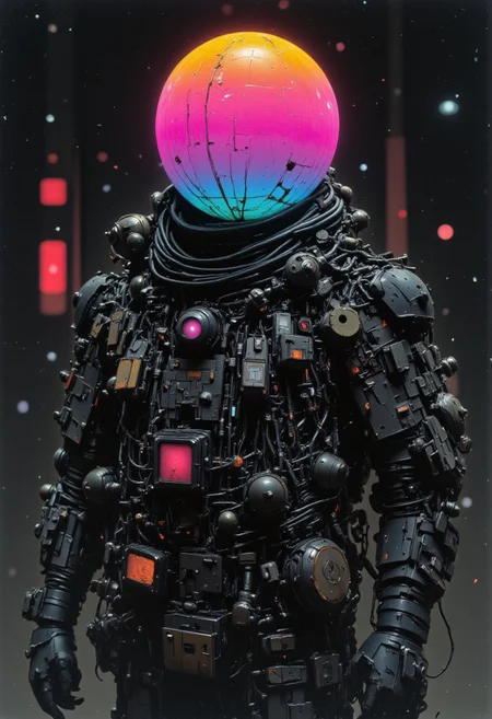 R3alisticF, Monochrome with color, retro scan of spectral neon Gradient ascii_art, a 80s Sci-fi Ethereal. Dark space, 80`s sci-fi , neon-pastel colors, grainy, vintage.
a mesmerizing construct of intricate mechanical components and faint remnants of its cyborg origins. Its form is a masterpiece of engineering, composed of countless interlocking plates, exposed gears, and micro-cables weaving through its frame like synthetic veins. Shimmering wires pulsate with a faint, rhythmic glow, hinting at an advanced power core deep within.